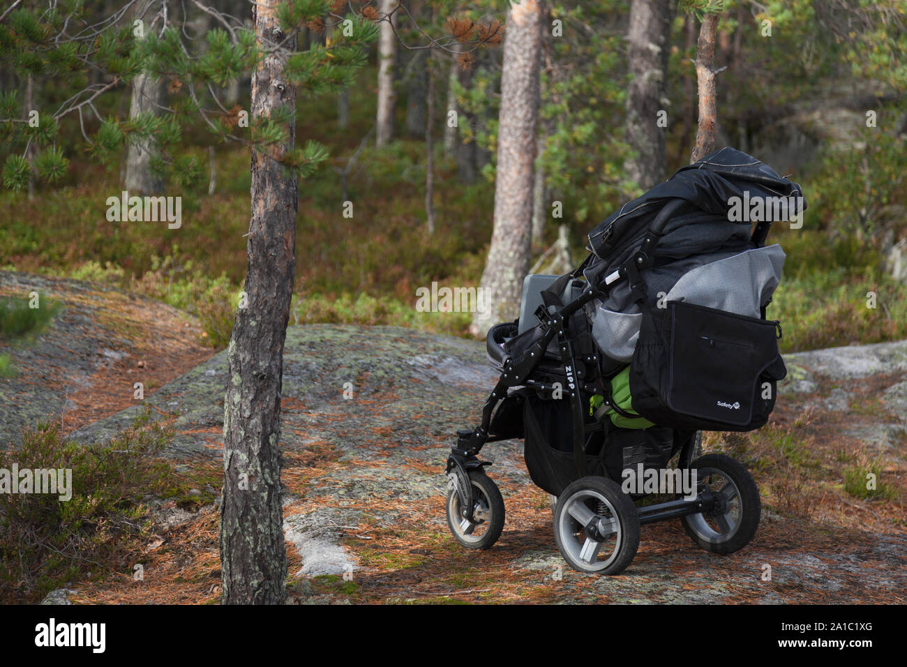 Umea, Sweden - September 8, 2019: an overloaded stroller in the forest Stock Photo