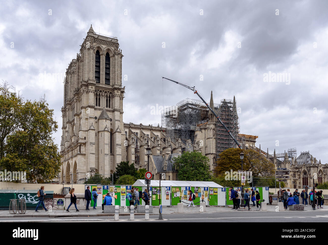 PARIS, FRANCE - SEPTEMBER 25, 2019: panoramic view of Notre-Dame de Paris being restored after the cathedral caught fire. Stock Photo