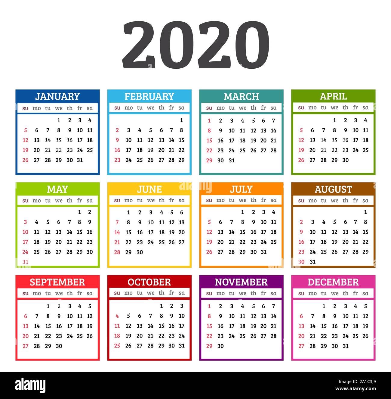 Colorful calendar 2020 year. Week starts from sunday. Vector illustration Stock Vector