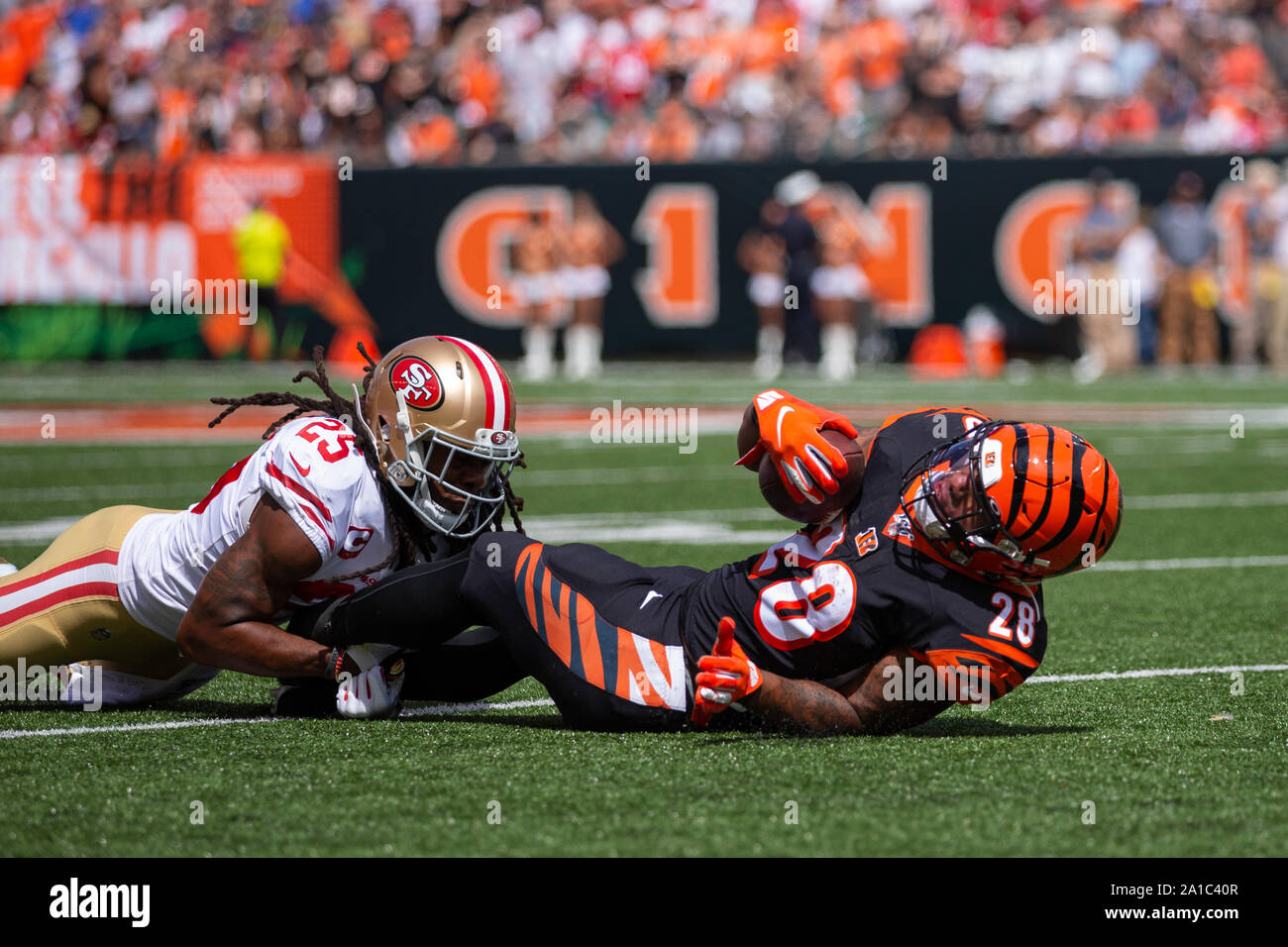 September 15, 2019: Cincinnati Bengals running back Joe Mixon (28) during  NFL football game action between the San Francisco 49ers and the Cincinnati  Bengals at Paul Brown Stadium on September 15, 2019