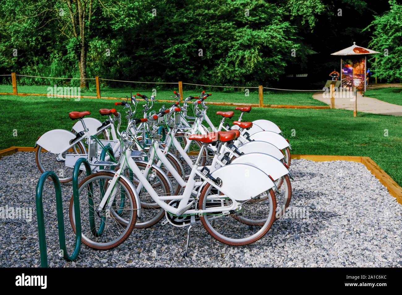 Rental Bikes at a local park Stock Photo