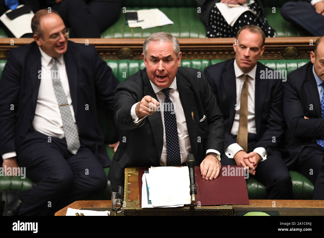 London, UK. 25th Sep 2019. Britain's Attorney General Geoffrey Cox (Front) speaks at the House of Commons in London, Britain, on Sept. 25, 2019. British Prime Minister Boris Johnson faced enormous pressure as the parliament re-opened Wednesday after the Supreme Court ruled his act to suspend the parliament for five weeks was unlawful. (Jessica Taylor/UK Parliament/Handout via Xinhua) HOC MANDATORY CREDIT: UK Parliament/Jessica Taylor Credit: Xinhua/Alamy Live News Stock Photo