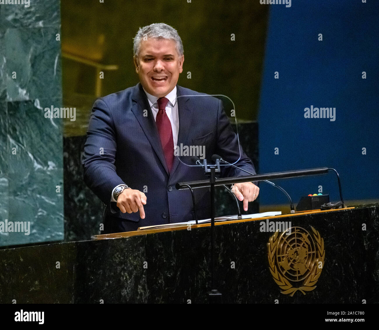 New York, USA. 25th Sep, 2019. Colombian President Iván Duque Márquez addresses the United Nations General Assembly. Credit: Enrique Shore/Alamy Live News Stock Photo