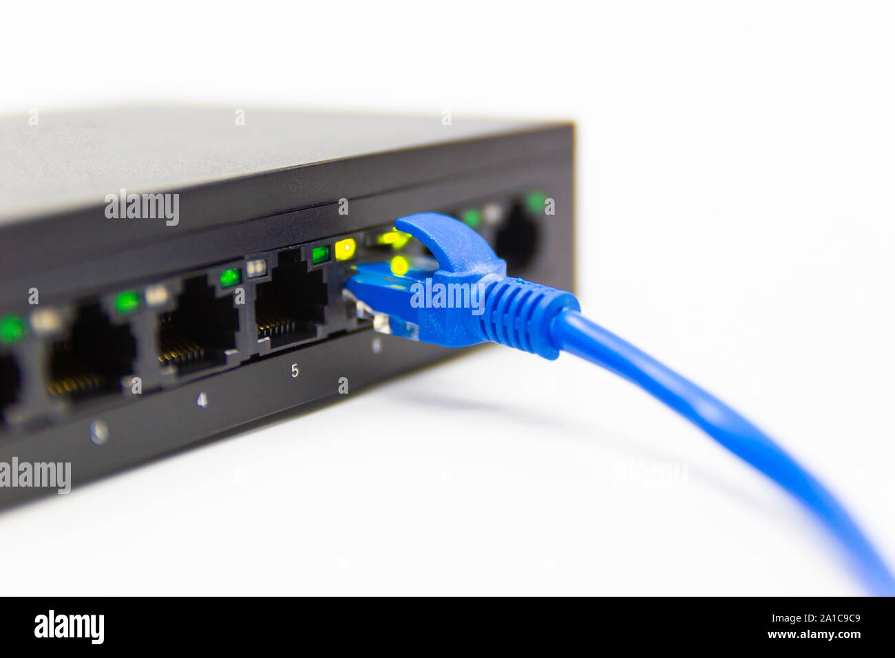The blue network cables connect port switch on white table concept