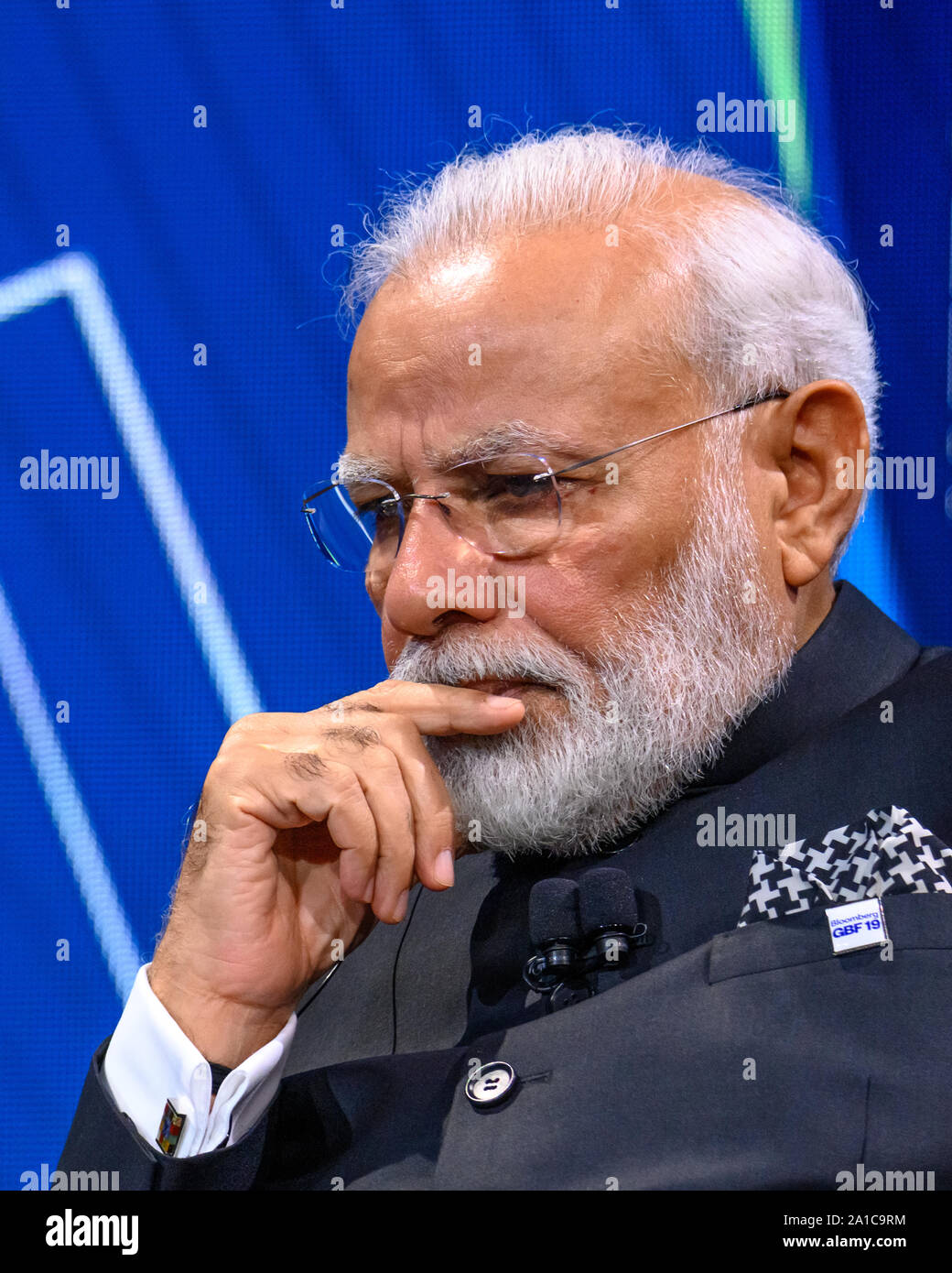 New York, USA. 25th Sep, 2019. Indian Prime Minister Narendra Modi ponders a question at the Bloomberg Global Business Forum 2019 at the Plaza hotel in New York City. Credit: Enrique Shore/Alamy Live News Stock Photo