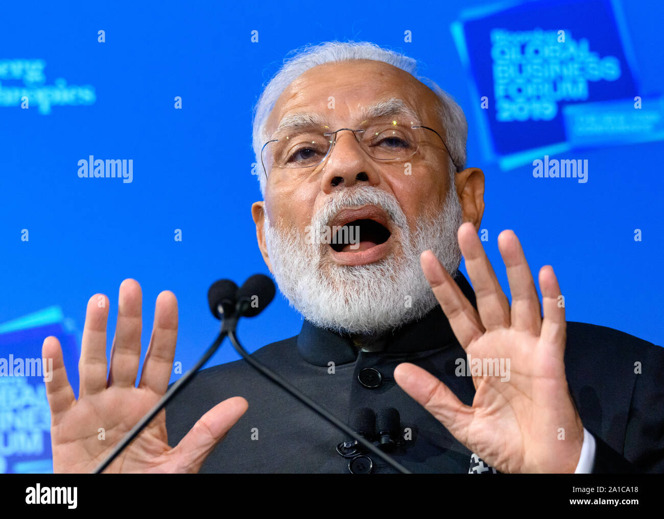 New York, USA. 25th Sep, 2019. Indian Prime Minister Narendra Modi speaks at the Bloomberg Global Business Forum 2019 at the Plaza hotel in New York City. Credit: Enrique Shore/Alamy Live News Stock Photo