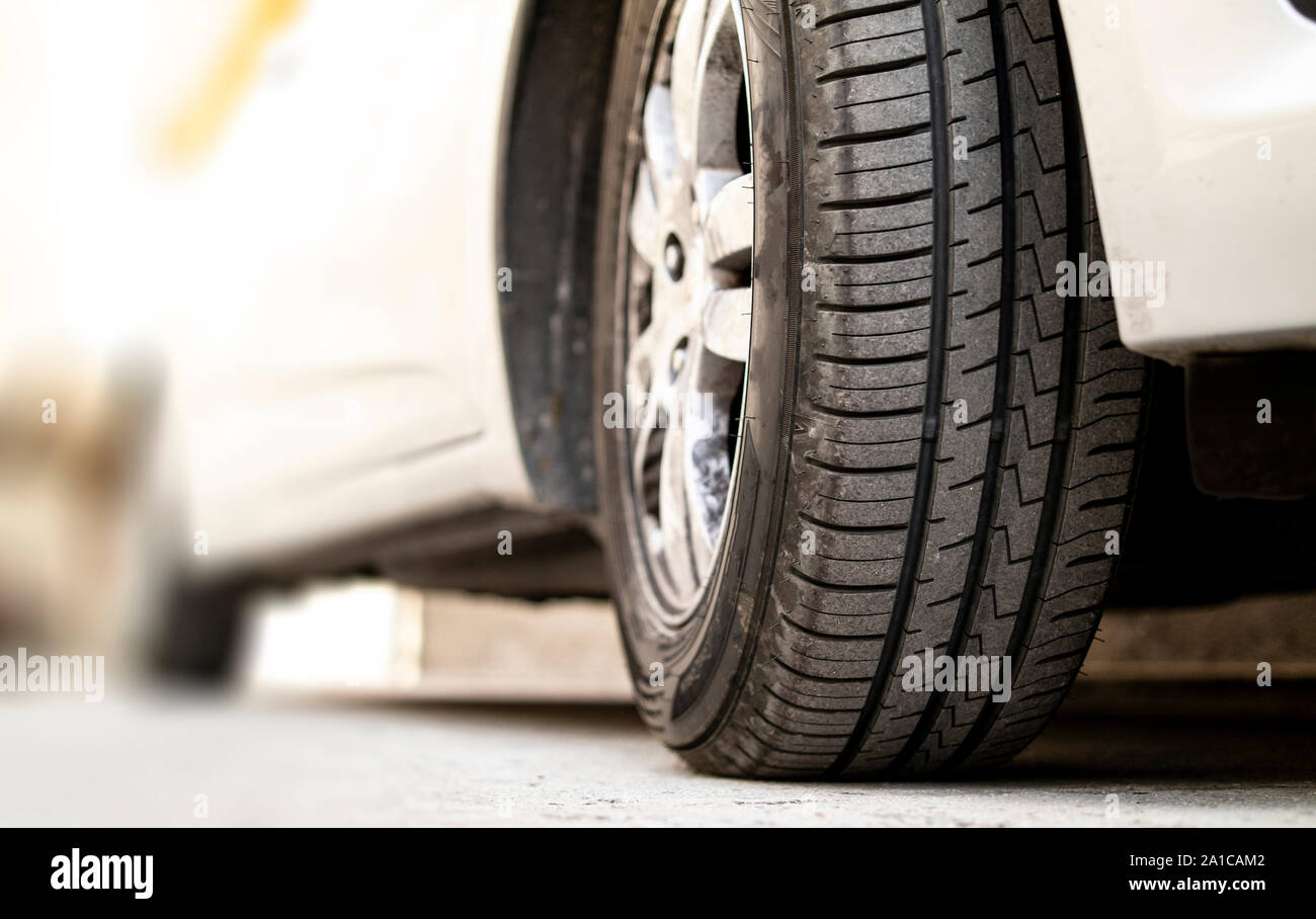 car tire tread and tread depth. vehicle tire exterior view Stock Photo