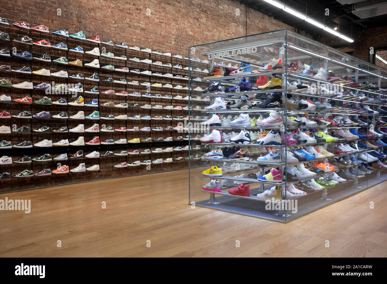 Rare expensive unreleased athletic shoes on display at The Flight Club on Broadway in Greenwich Village, New York City. Stock Photo