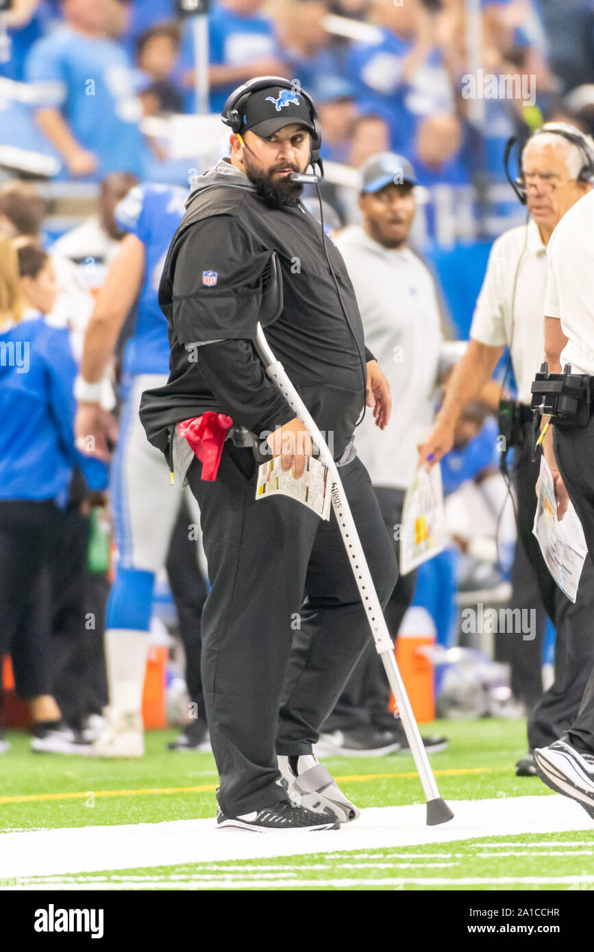 DETROIT, MI - SEPTEMBER 15: Detroit Lions head coach Matt Patricia on the sideline in a walking boot and a crutch during NFL game between Los Angeles Chargers and Detroit Lions on September 15, 2019 at Ford Field in Detroit, MI (Photo by Allan Dranberg/Cal Sport Media) Stock Photo