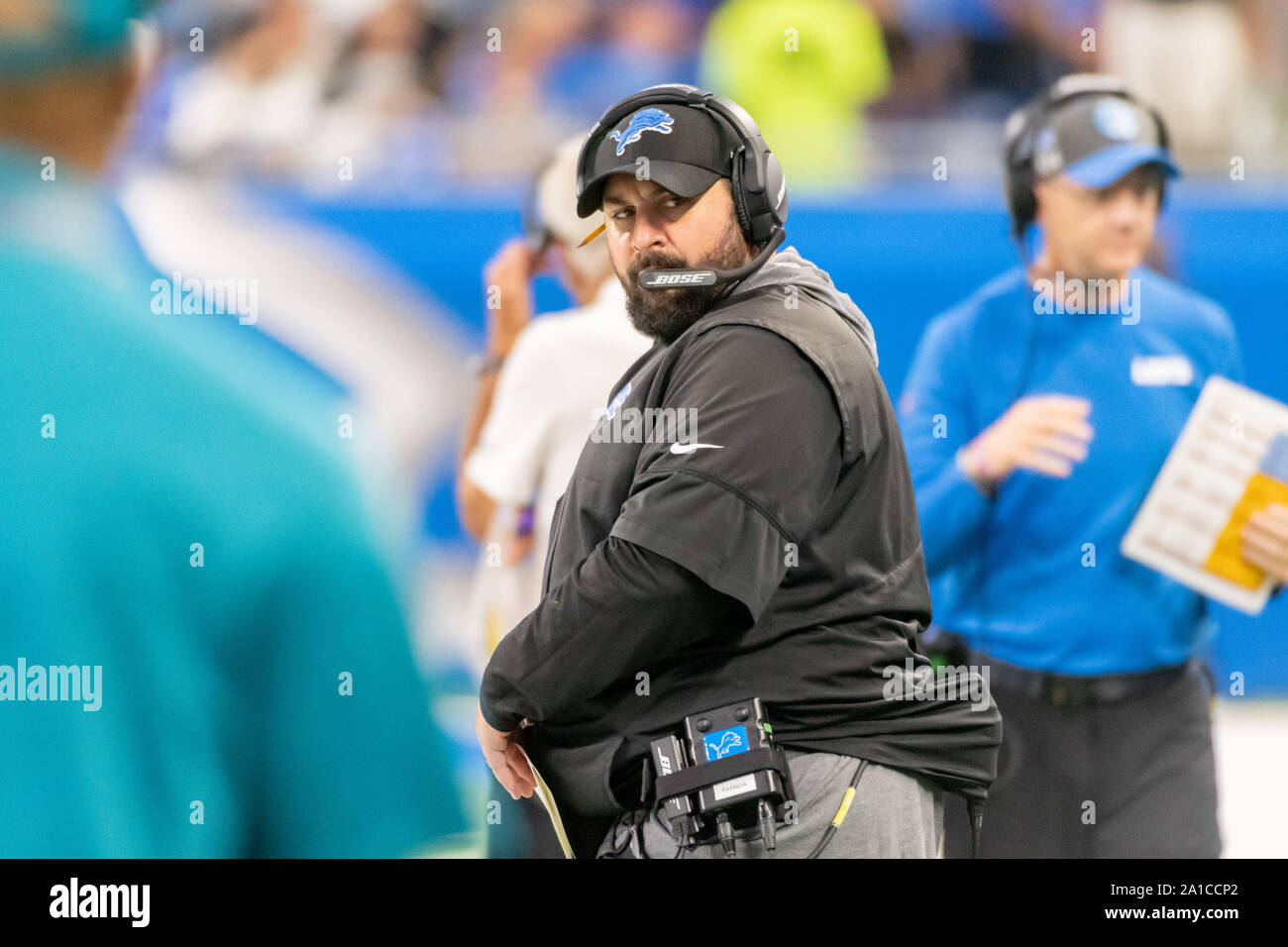 DETROIT, MI - SEPTEMBER 15: Detroit Lions head coach Matt Patricia on the sideline gives a look to the bench during NFL game between Los Angeles Chargers and Detroit Lions on September 15, 2019 at Ford Field in Detroit, MI (Photo by Allan Dranberg/Cal Sport Media) Stock Photo
