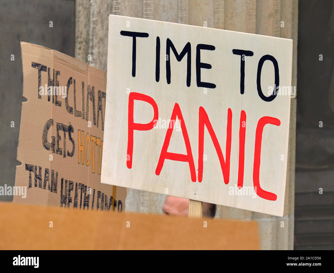 Placard 'Time to panic' on a global climate strike by Brandenburg gate in Berlin Stock Photo