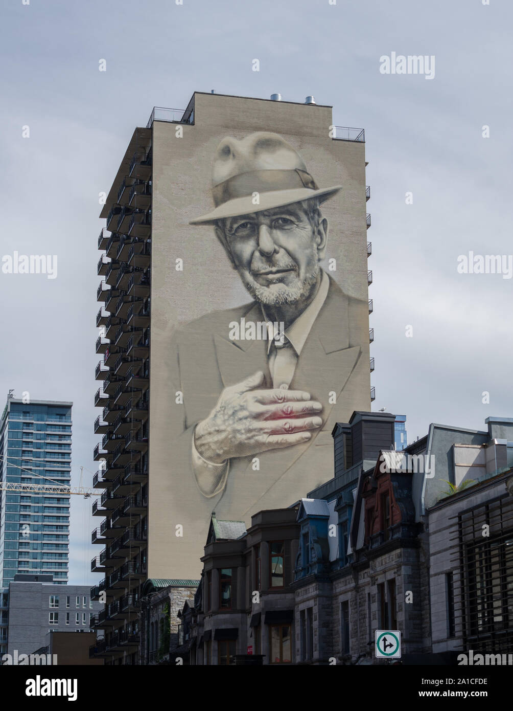 A mural of Leonard Cohen on a building near downtown Montreal, Canada
