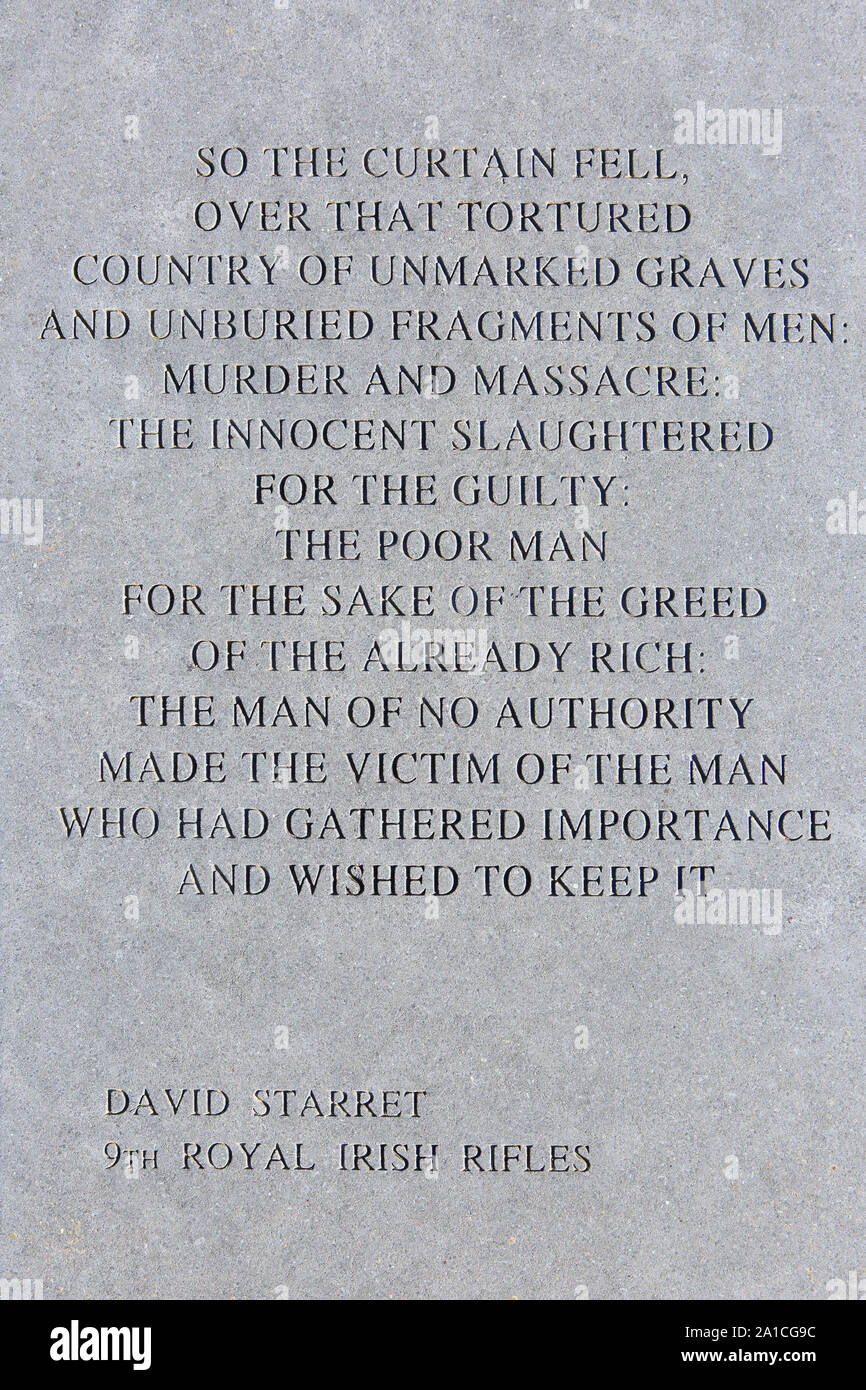 A Poem By David Starret Of The 9th Royal Irish Rifles At The Island Of Ireland Peace Park In Messines Belgium Stock Photo Alamy