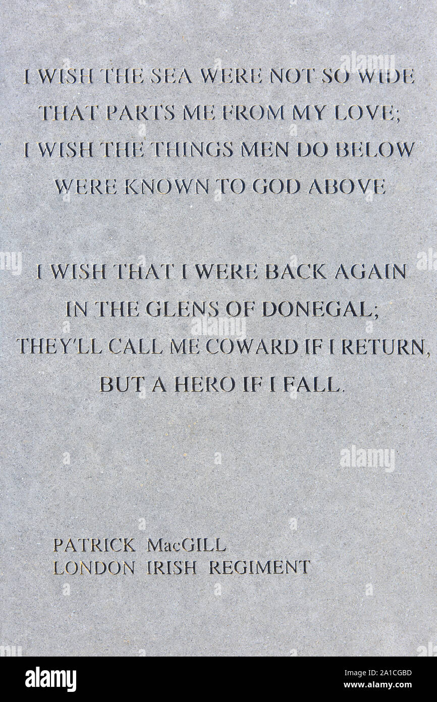 A poem by Irish poet and journalist Patrick MacGill (1889-1963) of the London Irish Rifles at the Island of Ireland Peace Park in Messines, Belgium Stock Photo