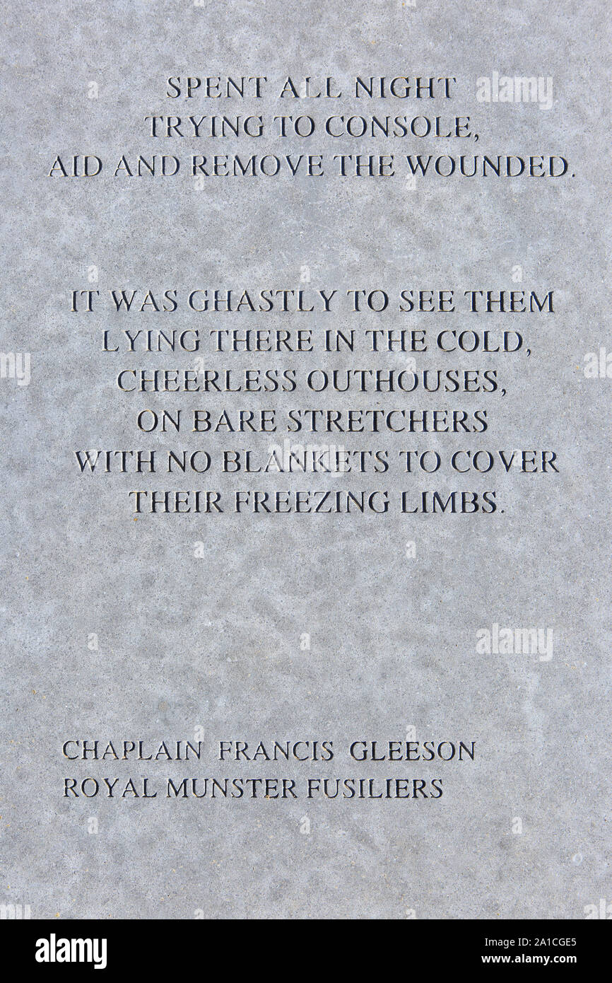A poem by the Chaplain Francis Gleeson (1884-1959) of the Royal Munster Fusiliers at the Island of Ireland Peace Park in Messines, Belgium Stock Photo