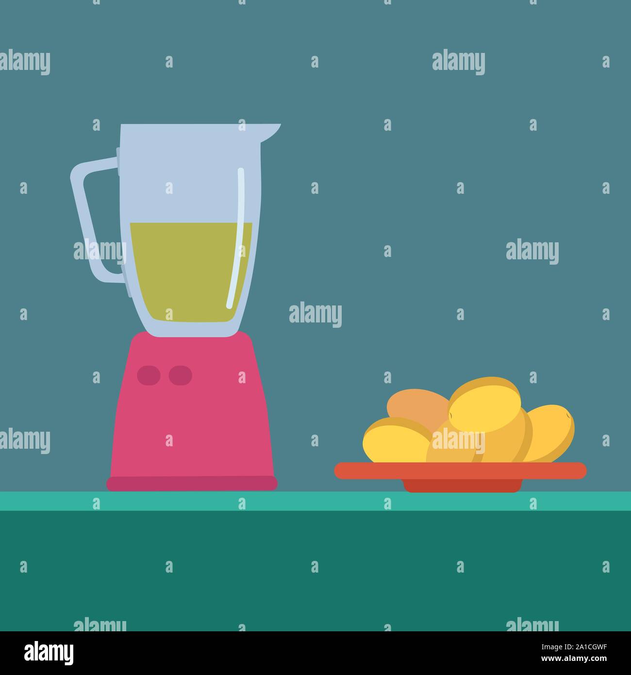 Juicer and apricots, illustration, vector on white background. Stock Vector
