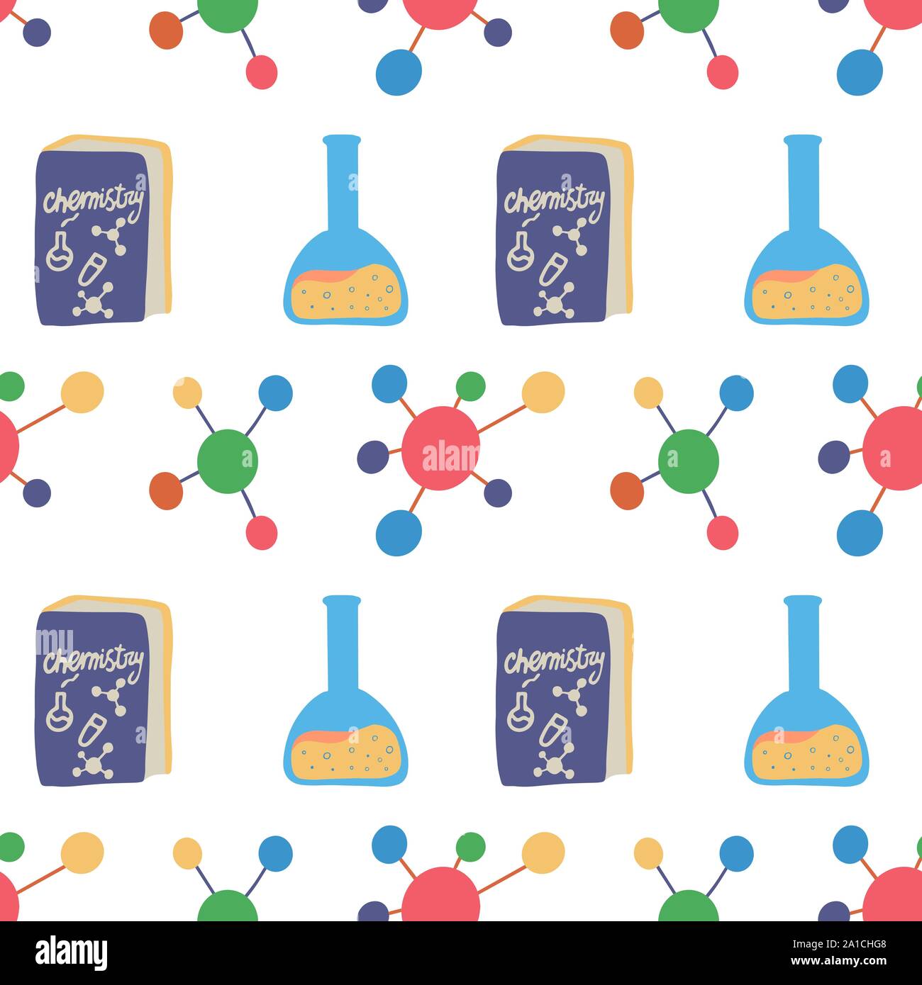 Seamless pattern with chemistry flask, molecule structure and book for wallpaper design. Science, education, medical, pharmacy vector background. Chem Stock Vector