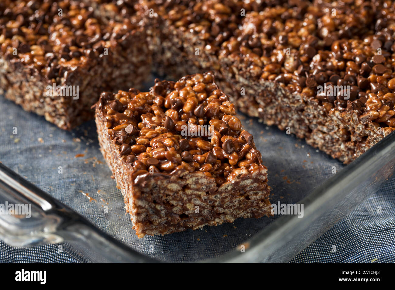 Homemade Chocolate Rice Crispy Treats with Marshmallows Stock Photo