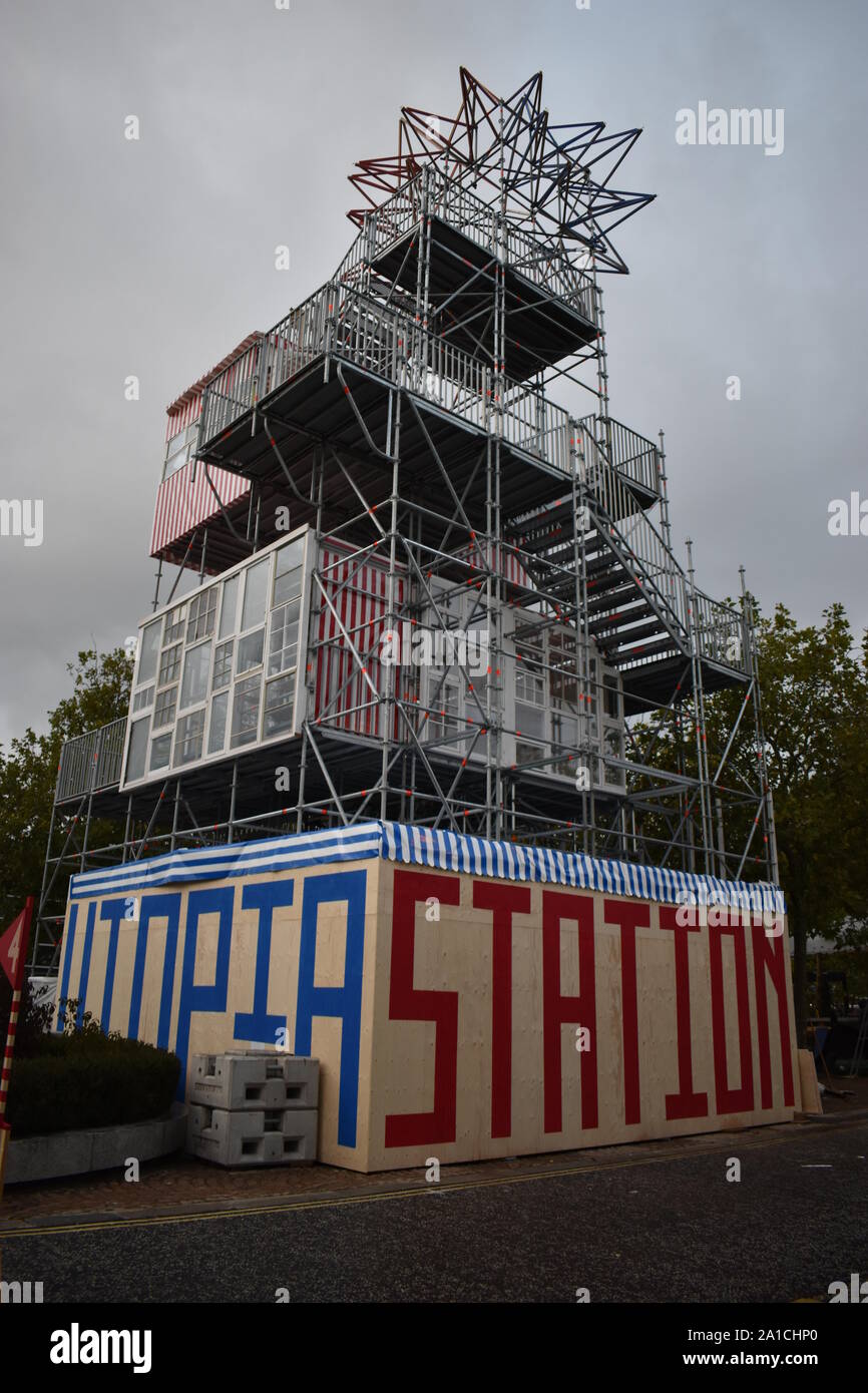 The Utopia Station at the Festival of Creative Urban Living in Milton Keynes. This hit the headlines due to the use of NHS patient records as ballast. Stock Photo