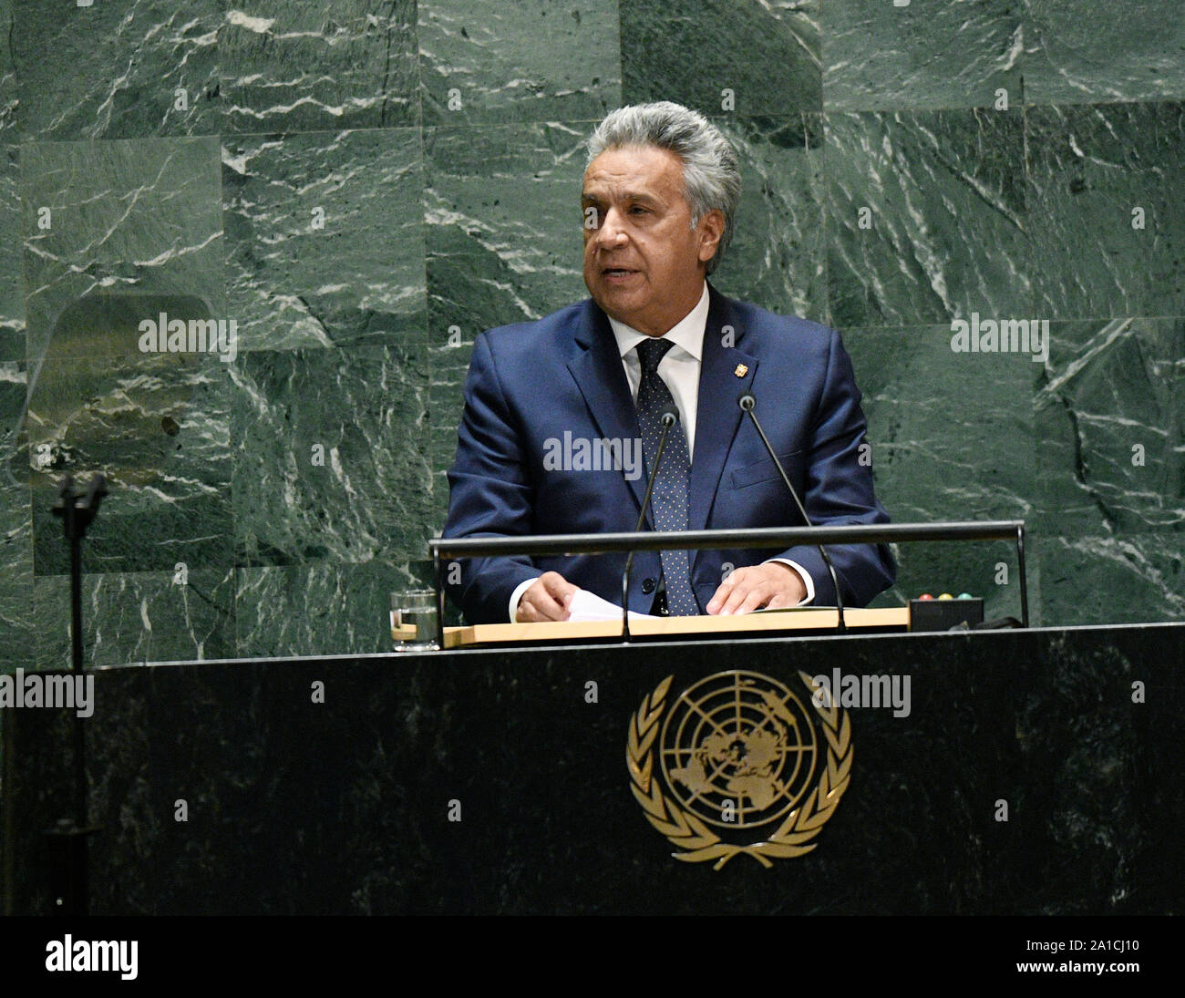 United Nations. 25th Sep, 2019. Ecuador's President Lenin Moreno Garces addresses the General Debate of the 74th session of the UN General Assembly at the UN headquarters in New York, on Sept. 25, 2019. Credit: Liu Jie/Xinhua/Alamy Live News Stock Photo