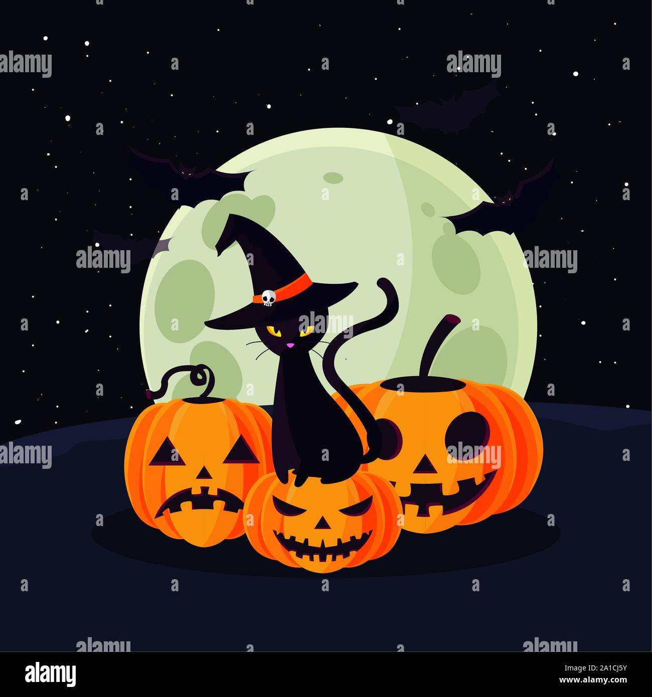 pumpkin with black cat in scene of halloween vector illustration design ...