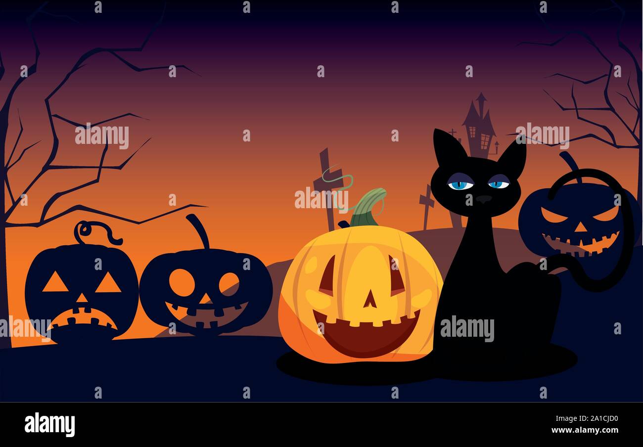 pumpkin with black cat in scene of halloween vector illustration design ...