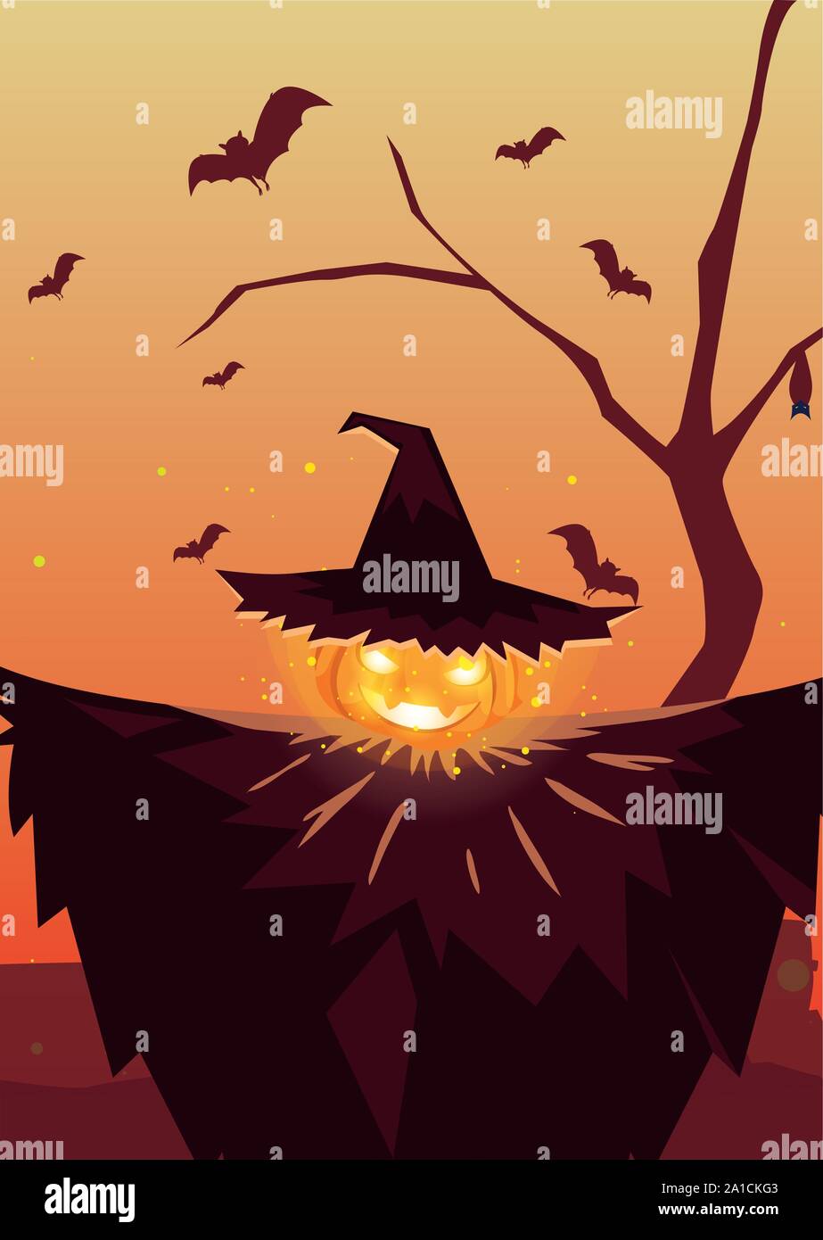 halloween pumpkin with witch hat in cemetery scene vector illustration ...
