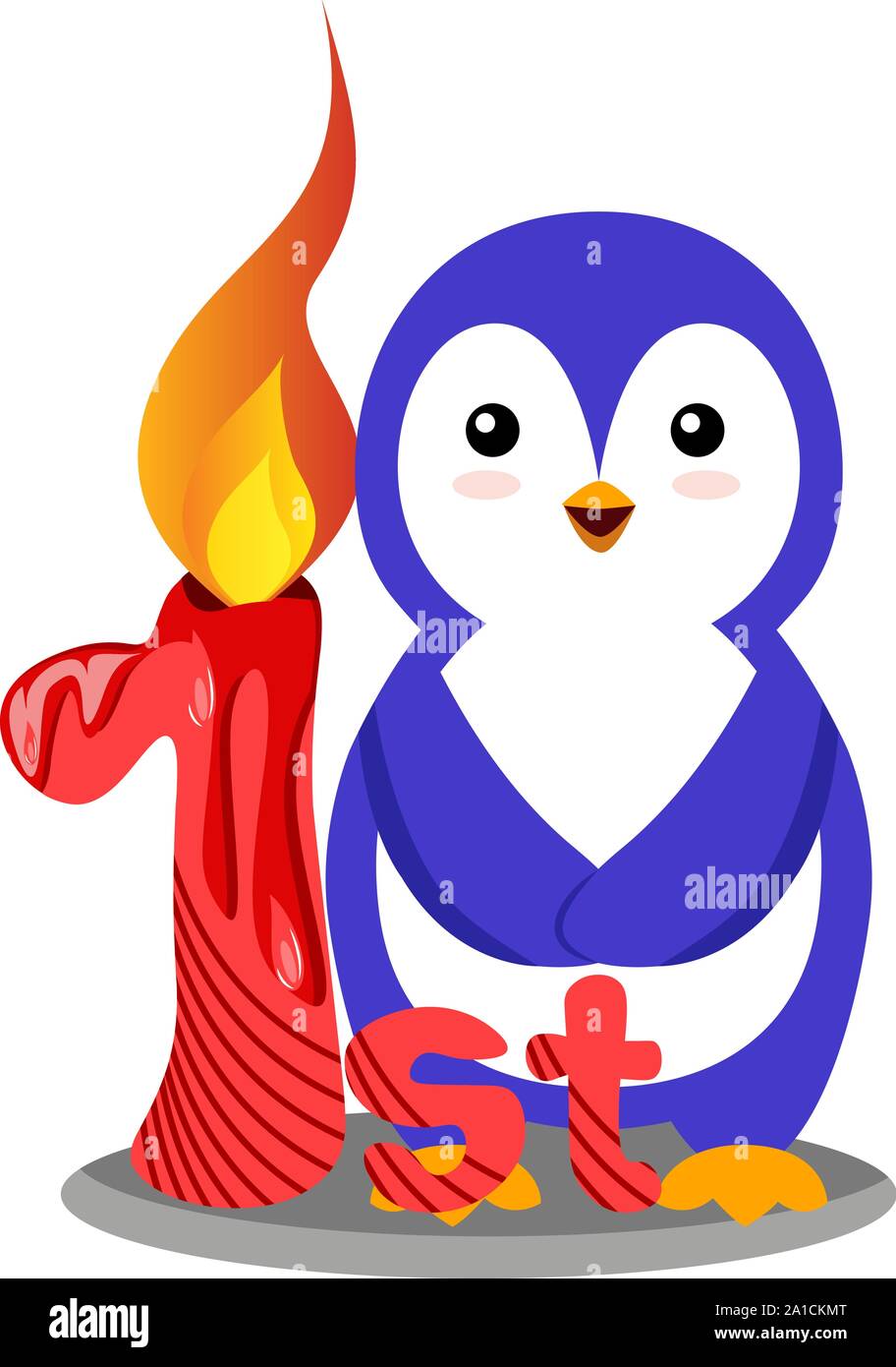 Penguin first birthday, illustration, vector on white background. Stock Vector