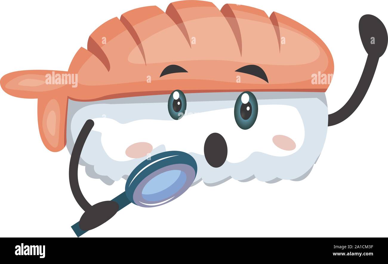 Sushi with magnifying glass, illustration, vector on white background. Stock Vector
