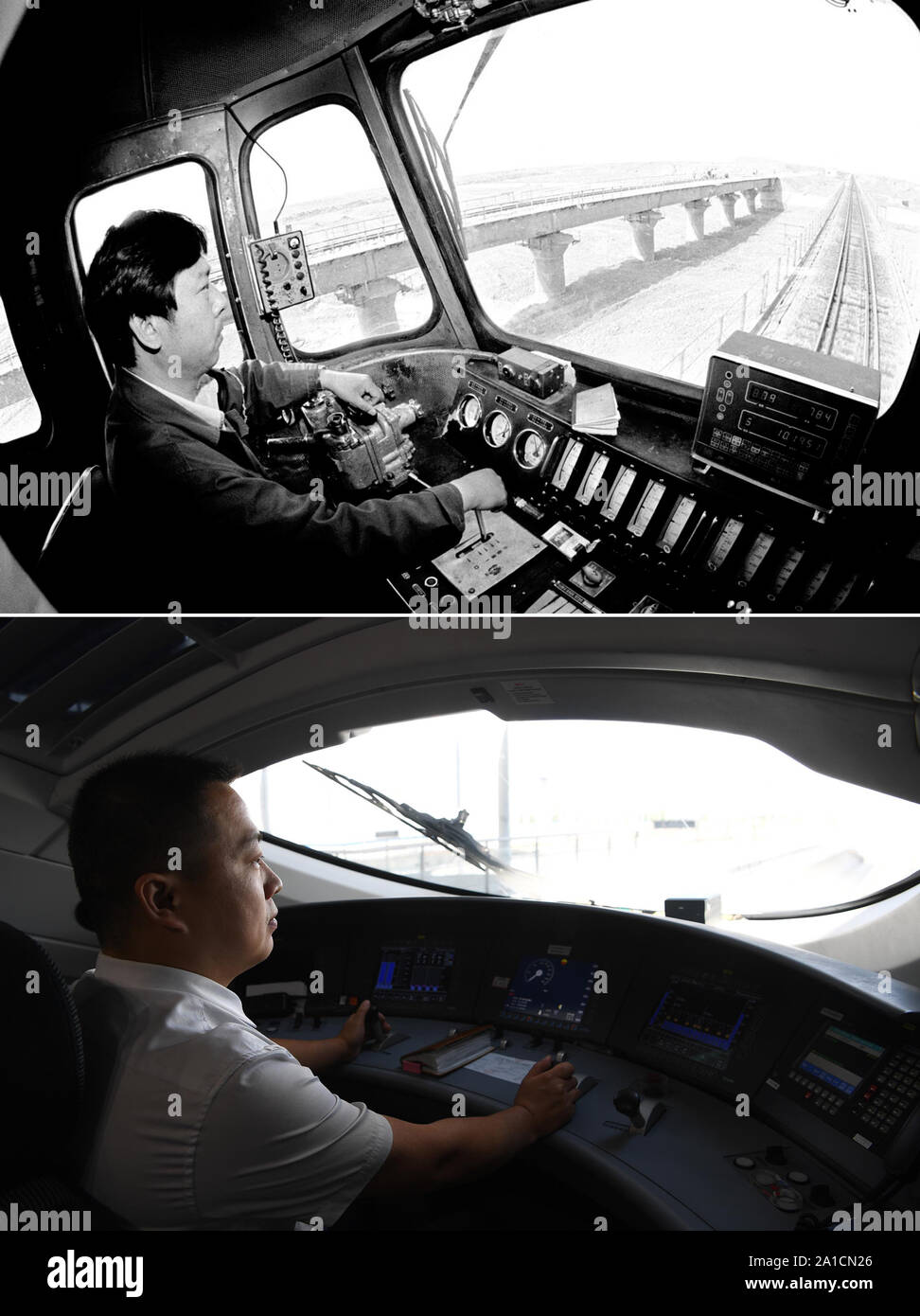 (190926) -- BEIJING, Sept. 26, 2019 (Xinhua) -- Top: File photo taken in 1996 by Wu Chunzhan shows Mi Fugang driving a train on Lanzhou-Xinjiang Railway.Bottom: Photo taken on June 28, 2019 by Zhang Rui shows Niu Ben driving CRH380B high-speed train away from Lanzhou West Railway Station in Lanzhou, northwest China's Gansu Province. In the past, train drivers had to call the station to confirm the inbound track and signals, and watch out for signal light on their own. Nowadays, these tasks have been replaced by automatic signal acquisition system. The mechanized control in the train cab has be Stock Photo