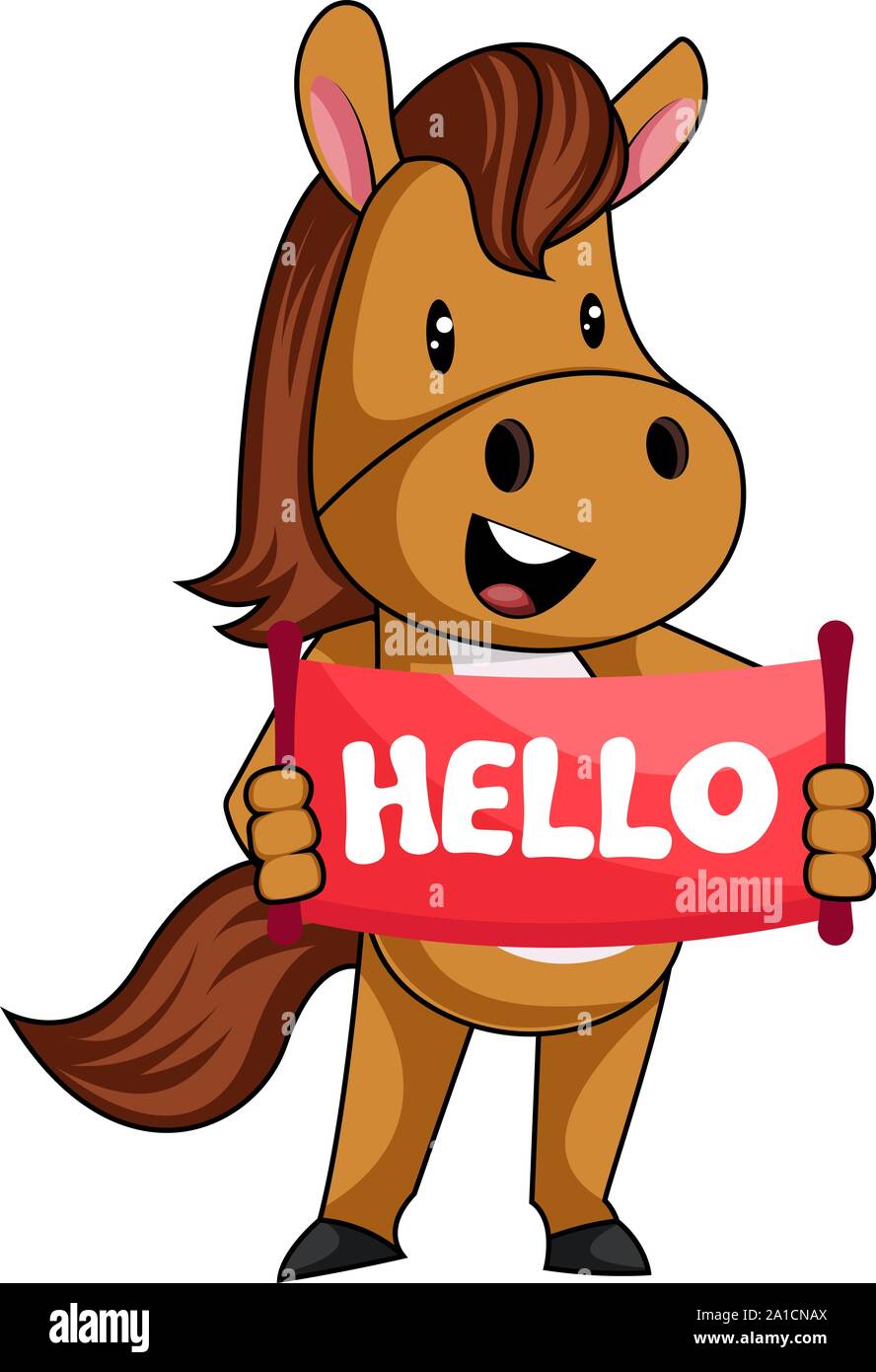 Horse with hello sign, illustration, vector on white background Stock