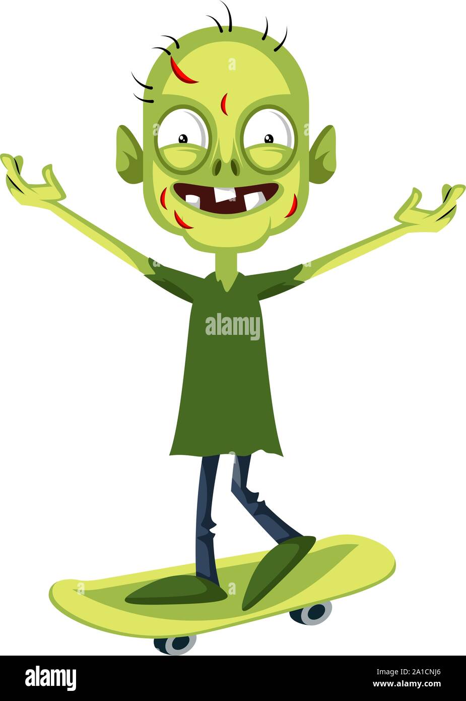 Zombie on skateboard, illustration, vector on white background. Stock Vector