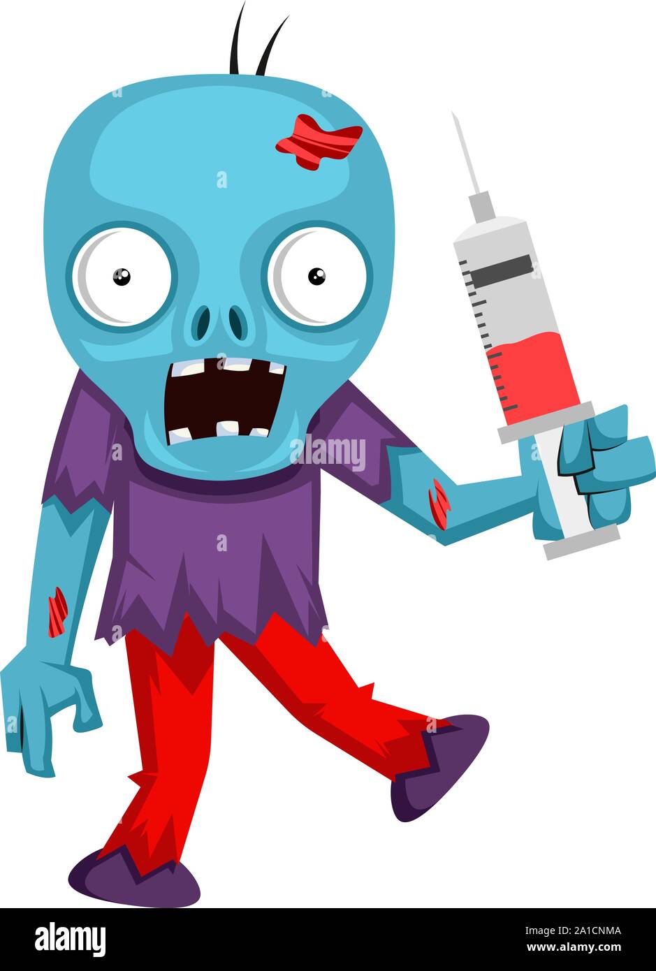 Zombie with injection, illustration, vector on white background. Stock Vector