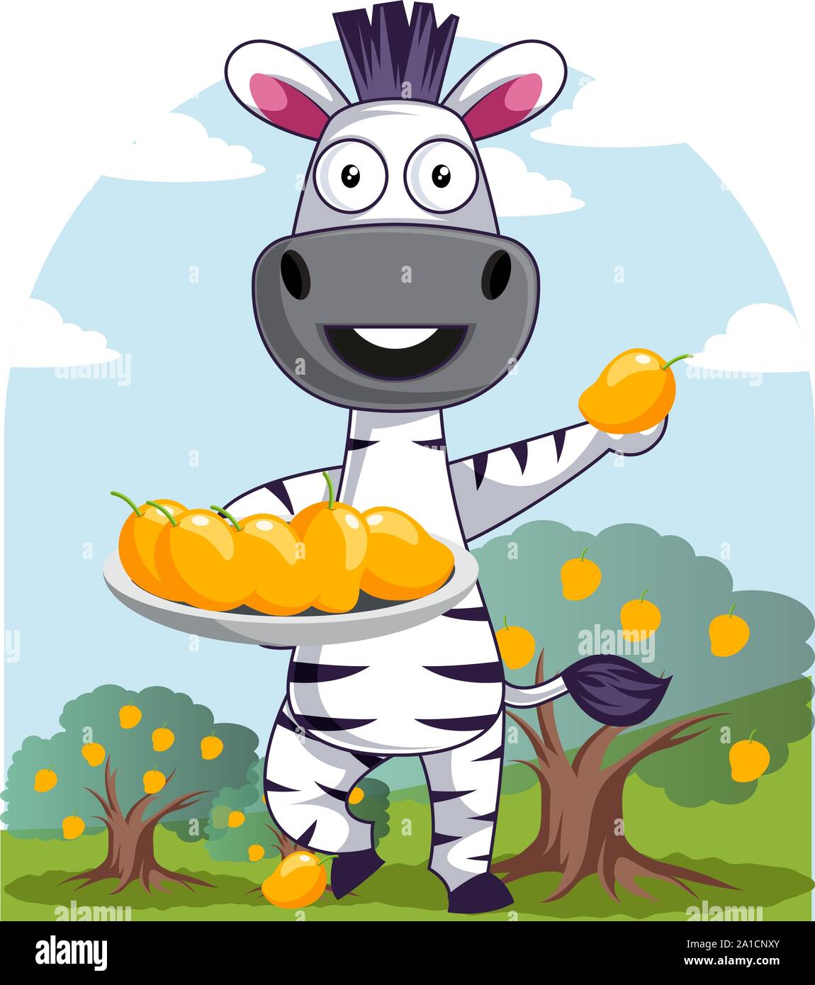 Zebra with mangos, illustration, vector on white background. Stock Vector