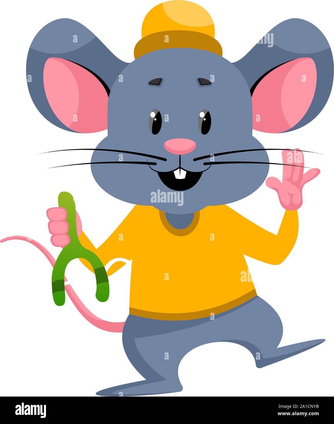 Mouse with sling shot, illustration, vector on white background. Stock Vector