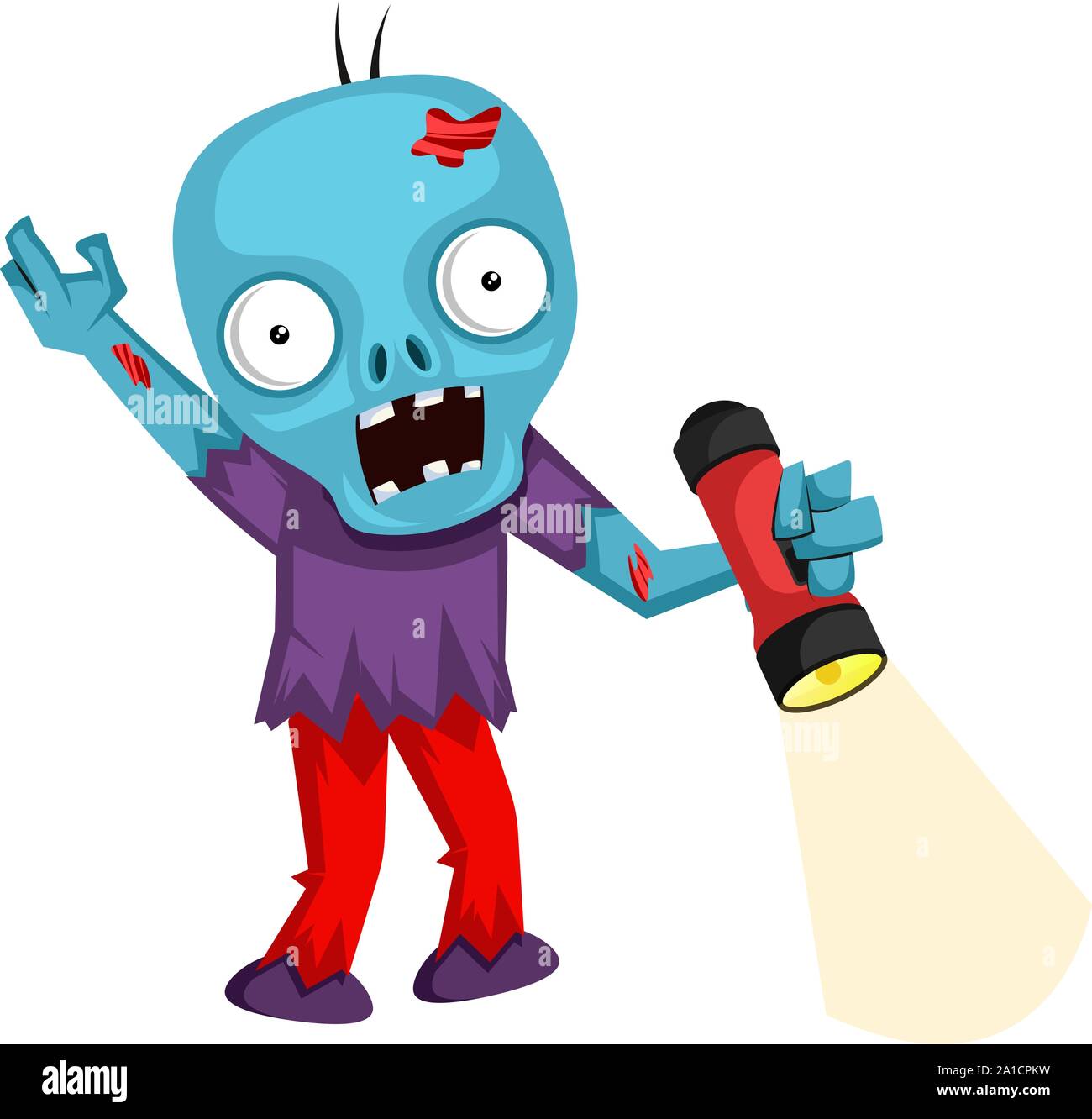 Zombie with flashlight, illustration, vector on white background. Stock Vector