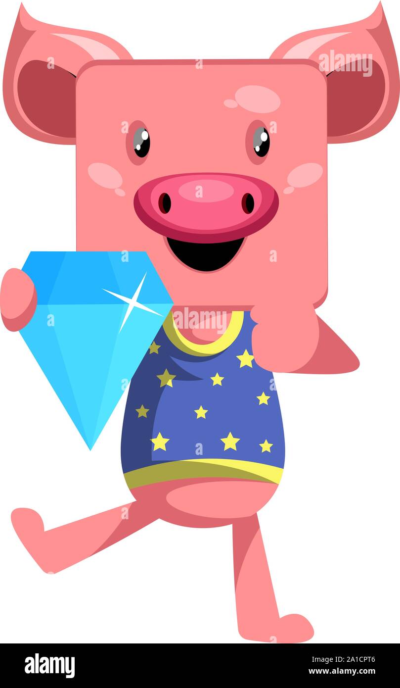 Pig with diamond, illustration, vector on white background. Stock Vector