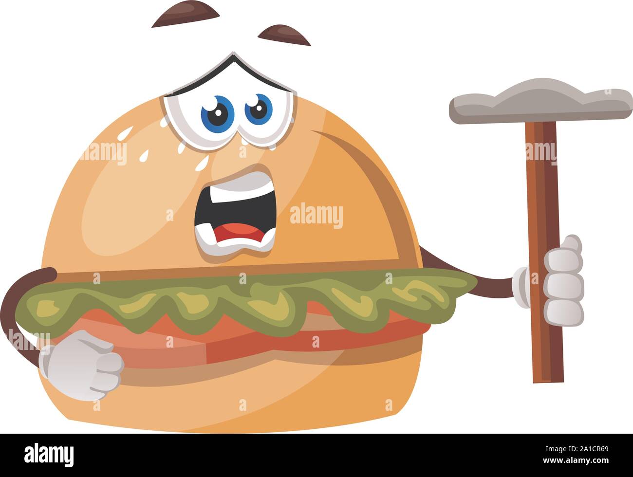 Burger with hammer, illustration, vector on white background. Stock Vector
