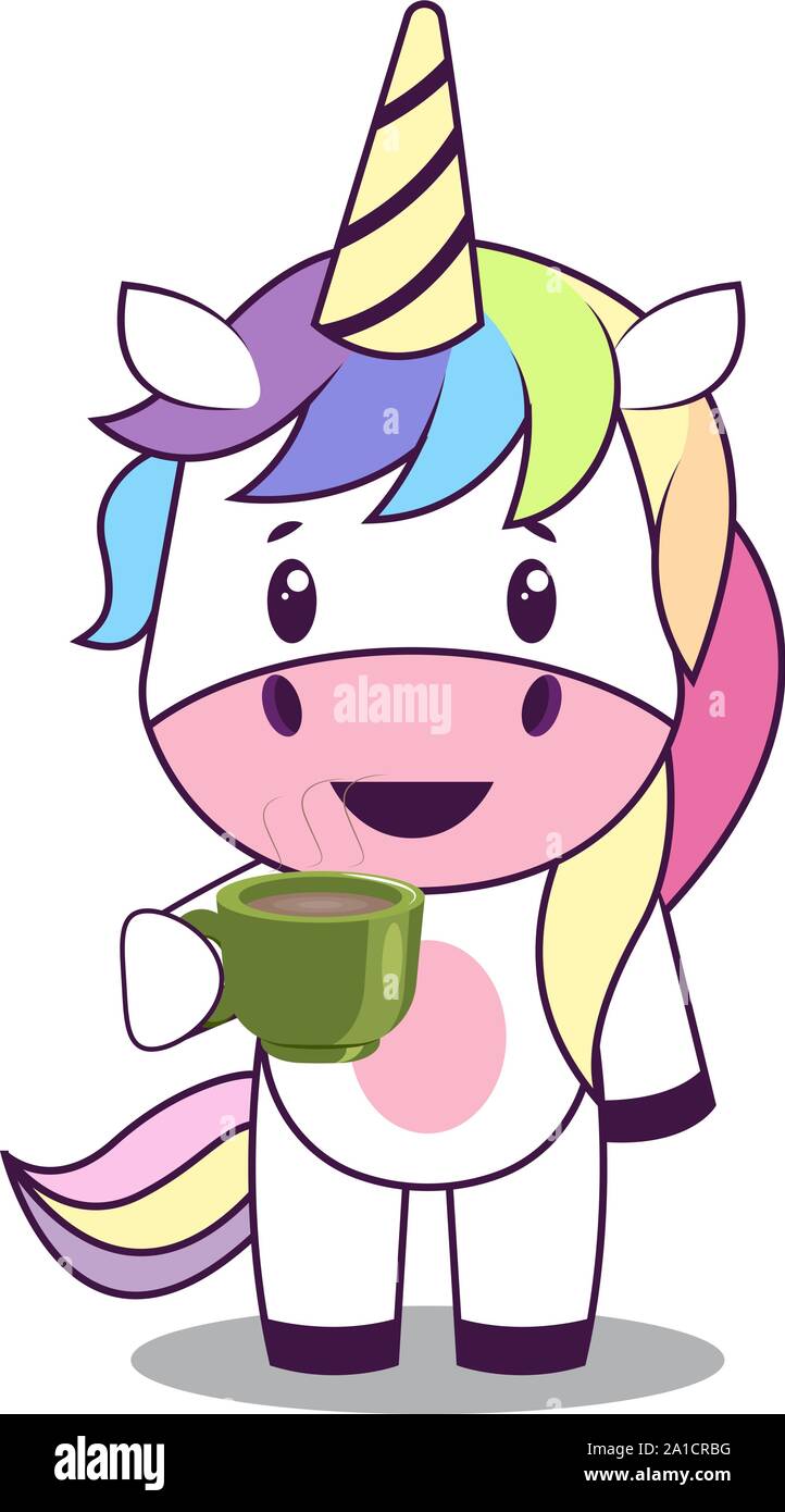 Unicorn with coffee, illustration, vector on white background. Stock Vector