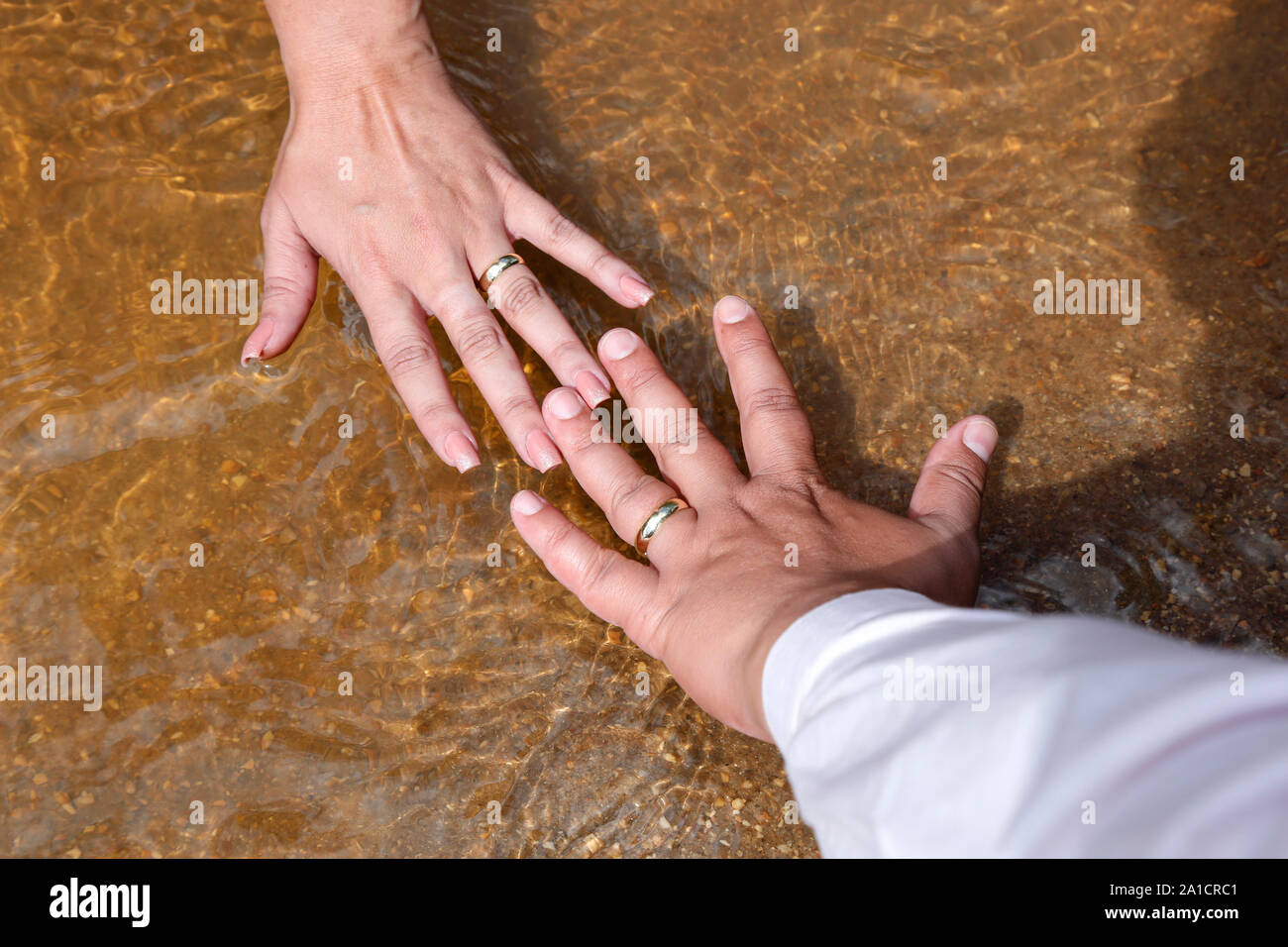 Grooms hands joined using wedding rings golden wedding rings Stock