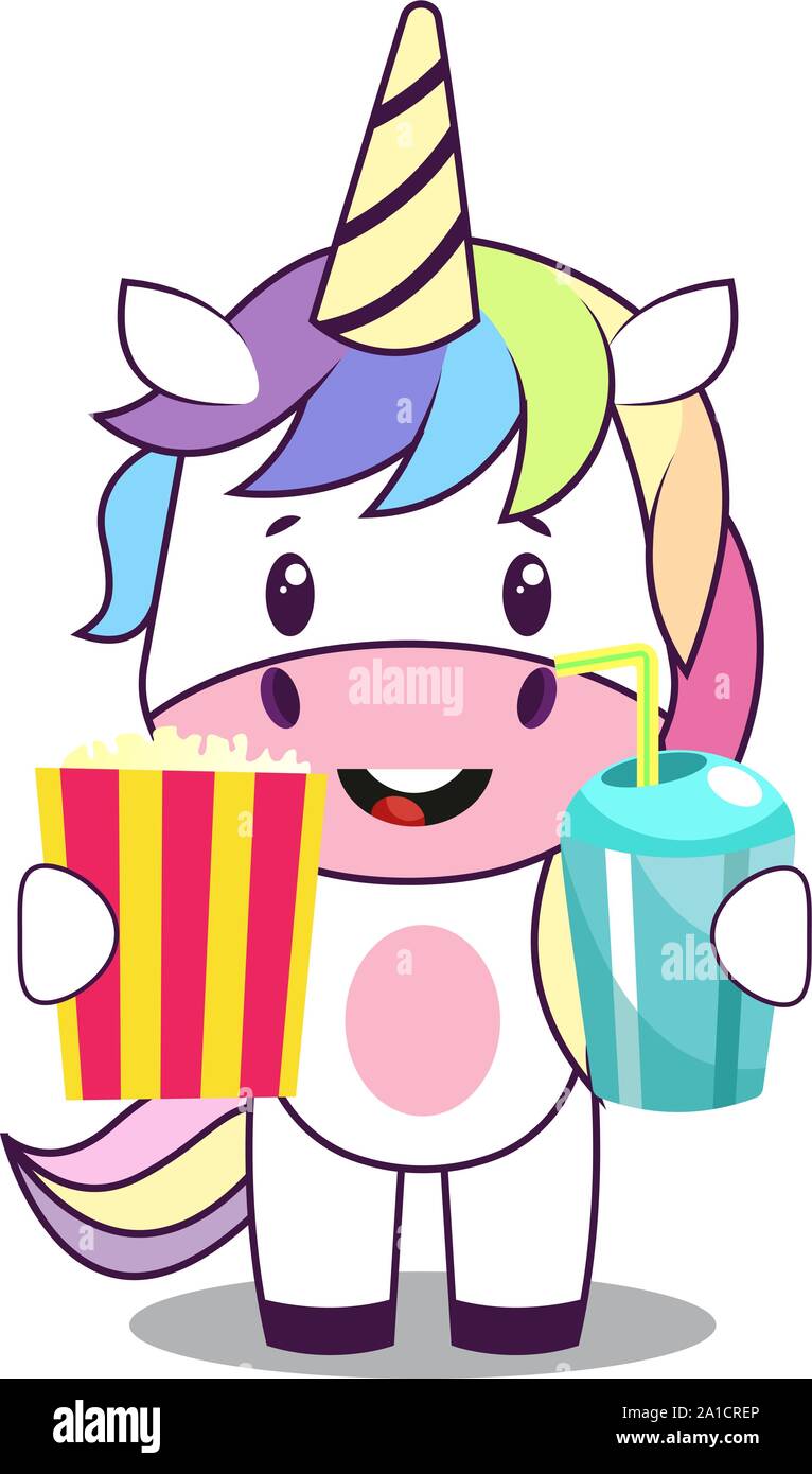 Unicorn with popcorn, illustration, vector on white background. Stock Vector