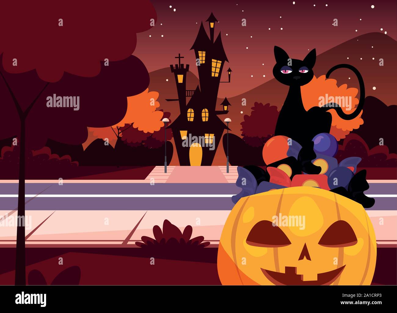 pumpkin with black cat in scene of halloween vector illustration design ...