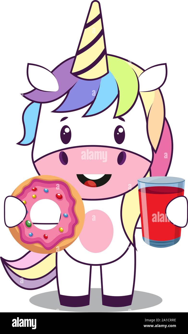 Unicorn with donut, illustration, vector on white background Stock