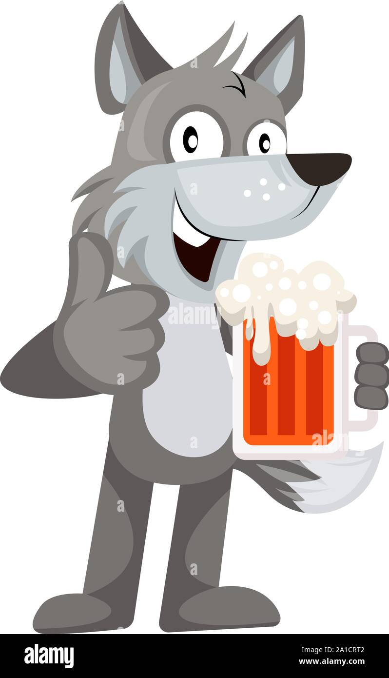 Wolf with beer, illustration, vector on white background. Stock Vector