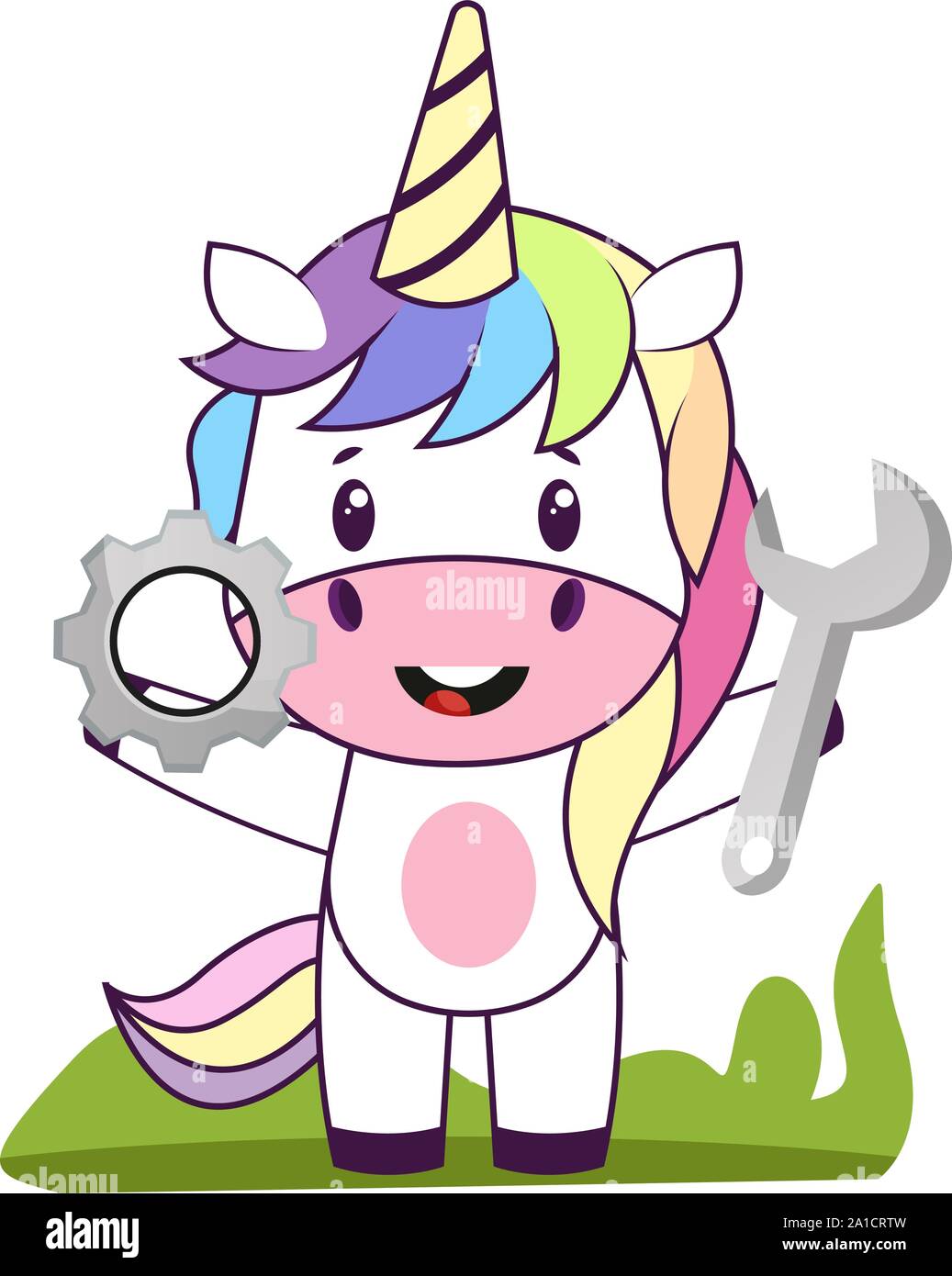 Unicorn with wrench, illustration, vector on white background. Stock Vector