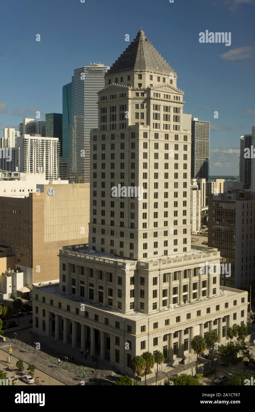 View of historic Miami-Dade County Courthouse tower from Government Center building  in downtown Miami, Florida, USA Stock Photo