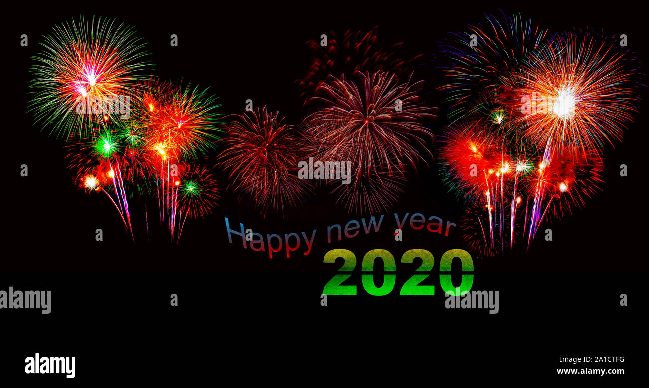 Happy New Year Celebration Text with Festive Fireworks in Night Sky ...