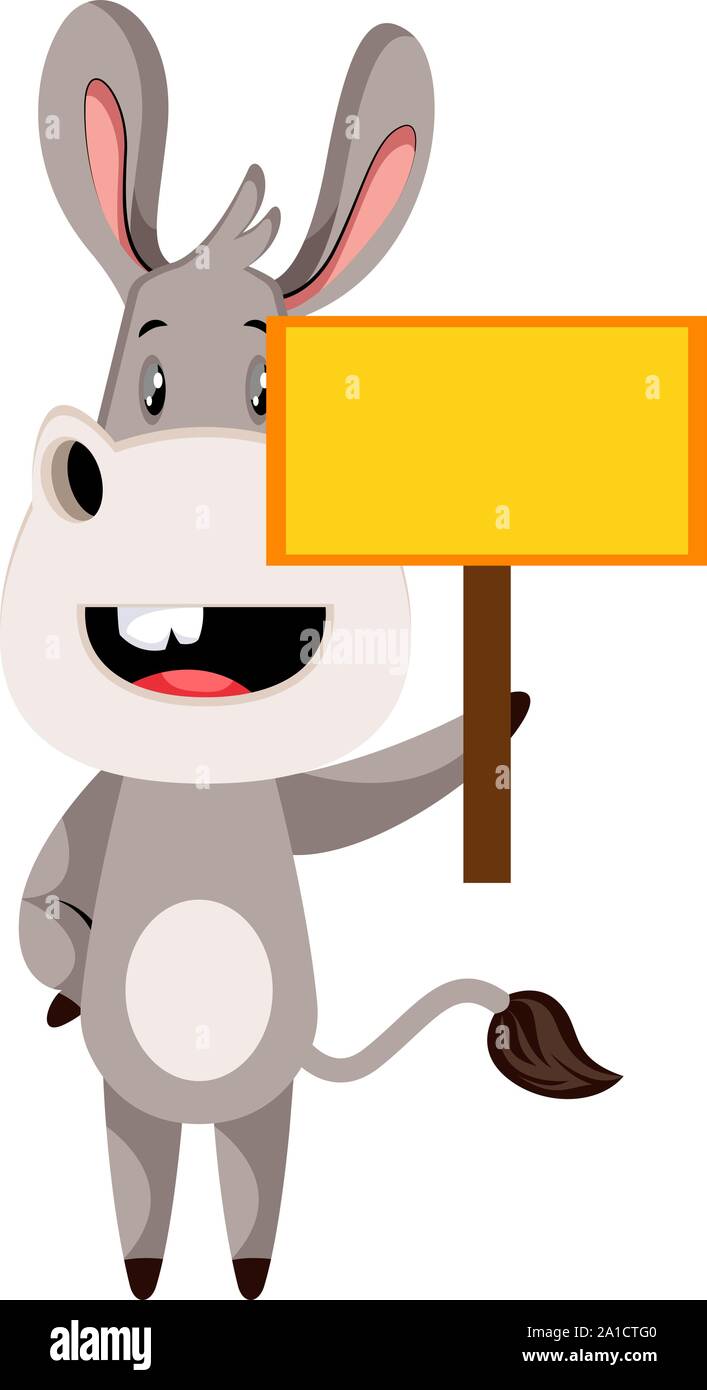 Donkey with blank sign, illustration, vector on white background. Stock Vector