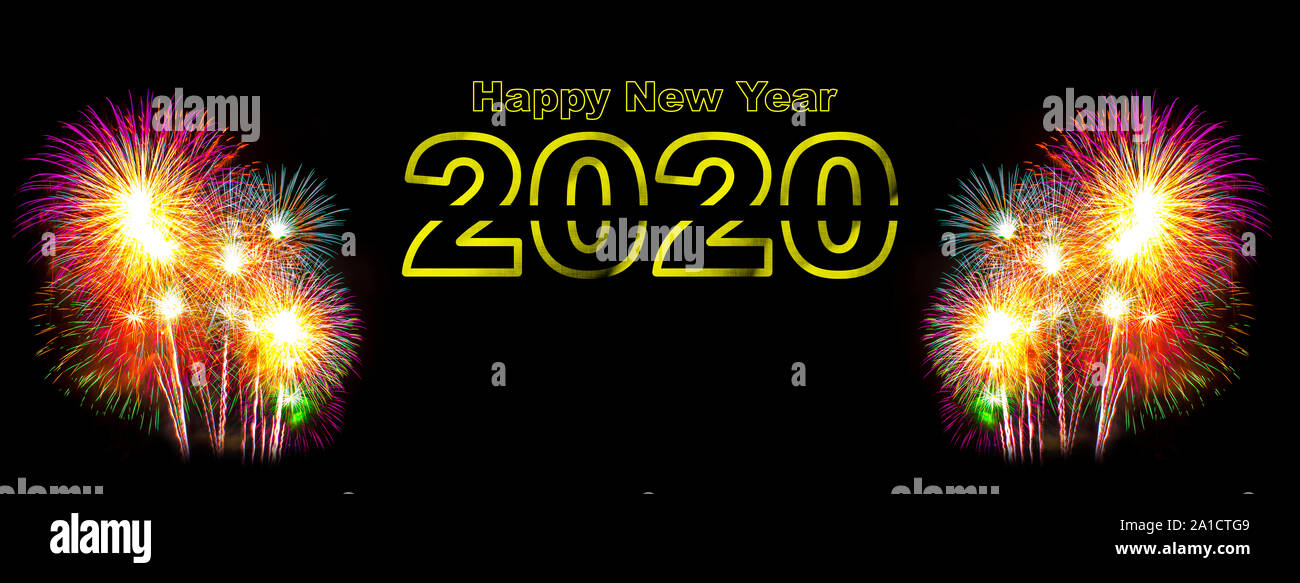 Happy New Year Celebration Text with Festive Fireworks in Night Sky ...