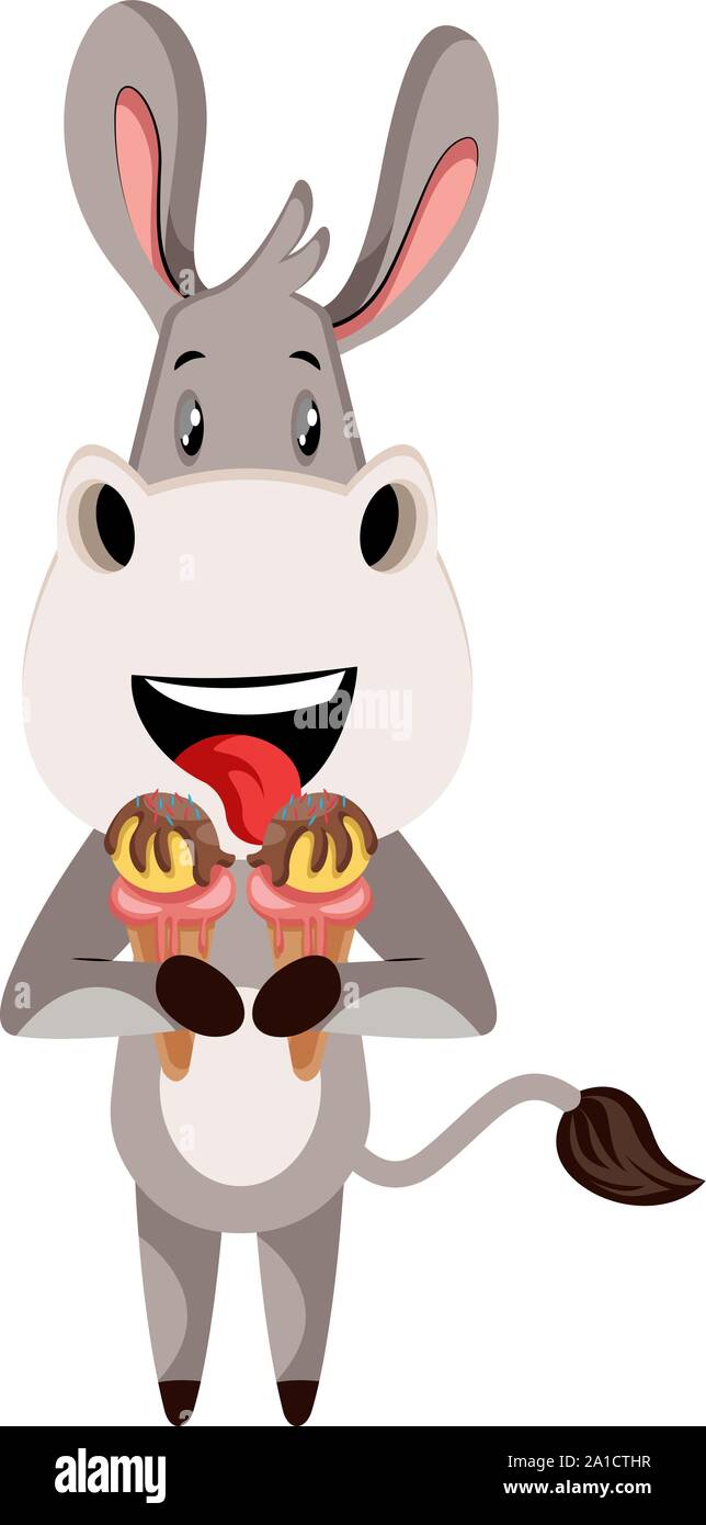 Donkey with ice cream, illustration, vector on white background Stock